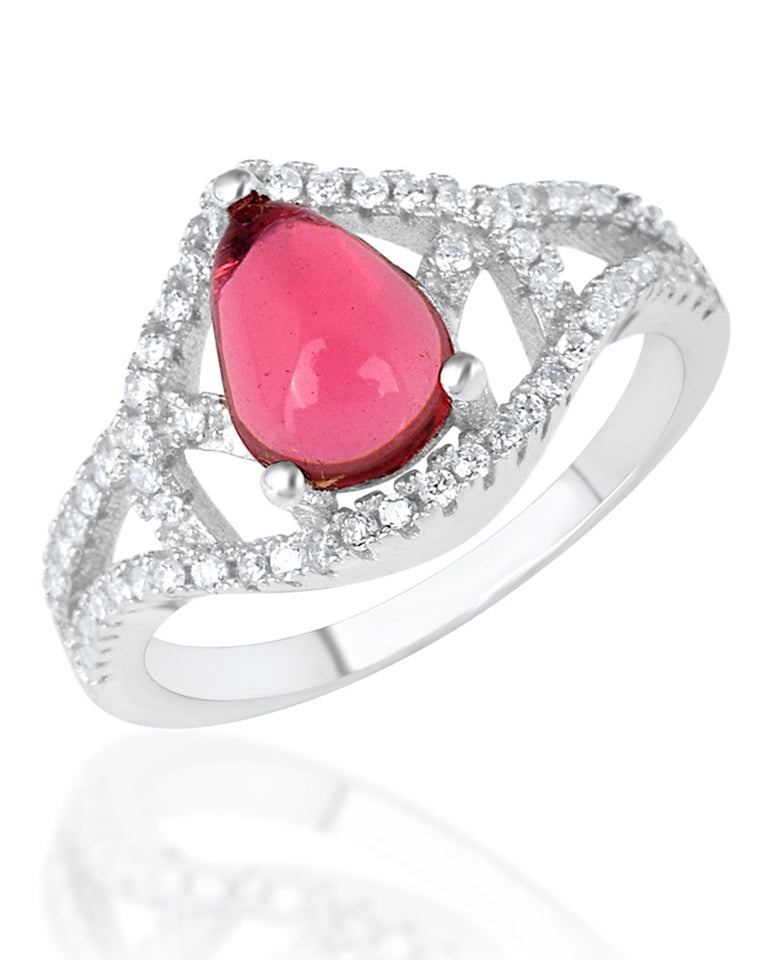 Beautiful Red Stone Rhodium Over Authentic 925 Sterling Silver Ring