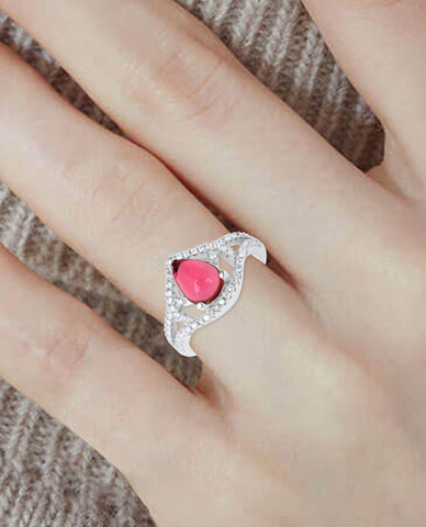 Beautiful Red Stone Rhodium Over Authentic 925 Sterling Silver Ring
