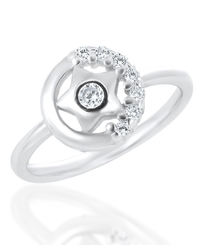 Star Shape Design Ring with A Shiny CZ Stone Surrounded Half Side of Circle Authentic 925 Sterling Silver