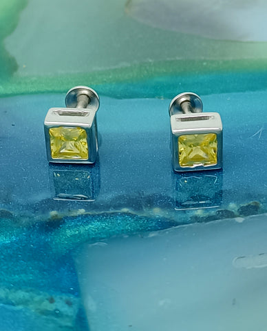 Square Shape Yellow Stone Sterling Silver Studs