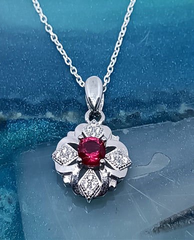 Red Stone Floral Design 925 Sterling Silver Rhodium Finish Necklace for Her, A Charming Necklace for Women