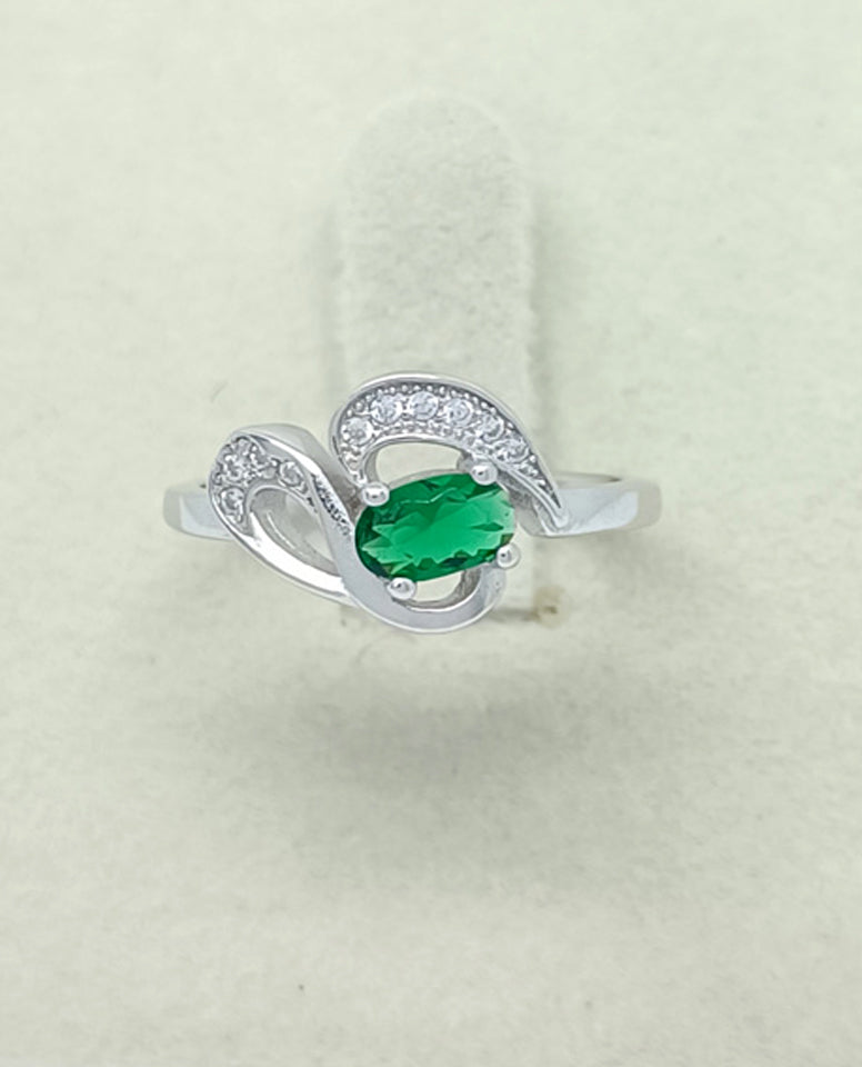 Rhodium Plated High Polish Finish Ring with Beautiful Green Stone in Center Authentic 925 Sterling Silver