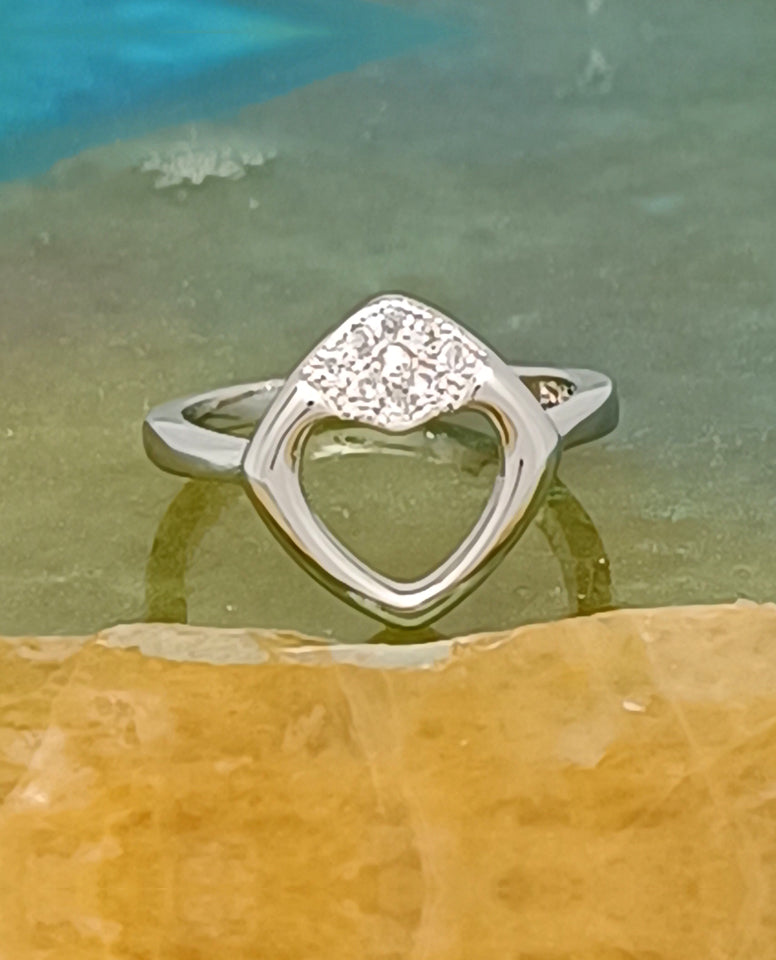 A Unique Shape Ring Heart Cut in Center with Authentic 925 Sterling Silver Rhodium Plated High Polish Finish Ring