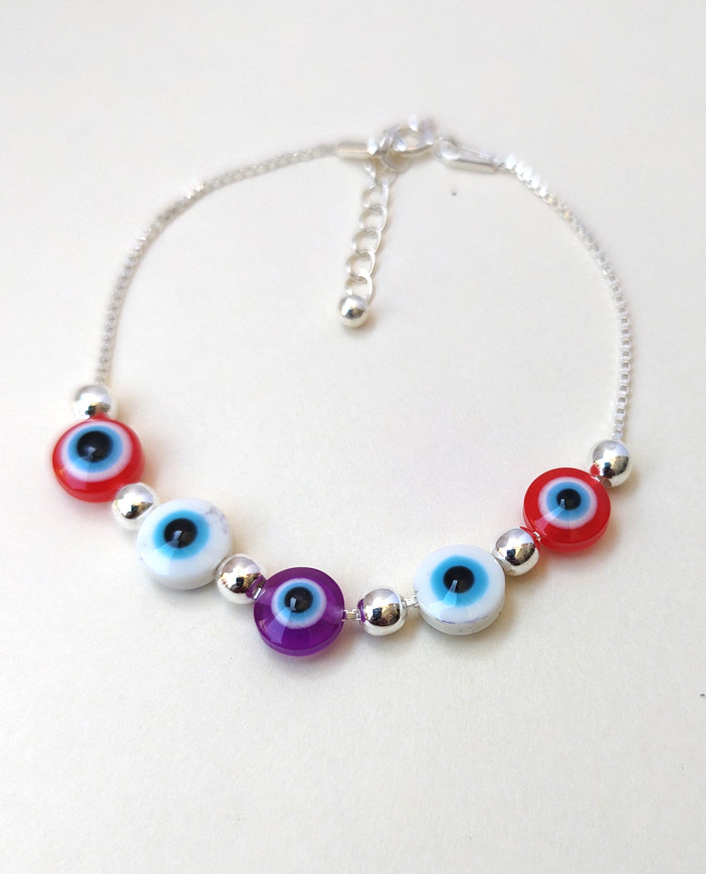 A Pleasing Multi-color Evil Eye Bracelet Crafted in 925 Sterling Silver With Box Chain