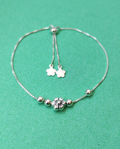 Adjustable Box Chain Bracelet in 925 Sterling Silver with Silver Beads & A Flower in Center