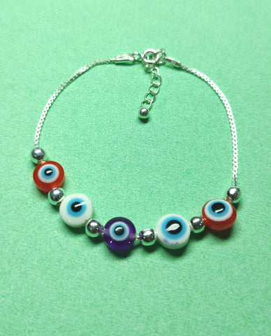 A Pleasing Multi-color Evil Eye Bracelet Crafted in 925 Sterling Silver With Box Chain