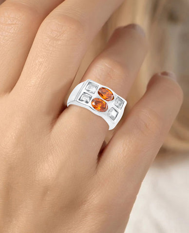 Two Stone Citrine Ring Surrounded with Side CZ stones, Made in 925 Sterling Silver Ring for Her