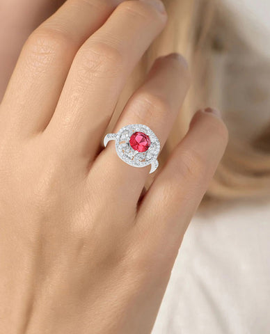 A Graceful Flower Design Ring for Trendy Girls in 925 Sterling Silver with Beautiful Cubic Zircon Stones with Beautiful Red Stone in Center