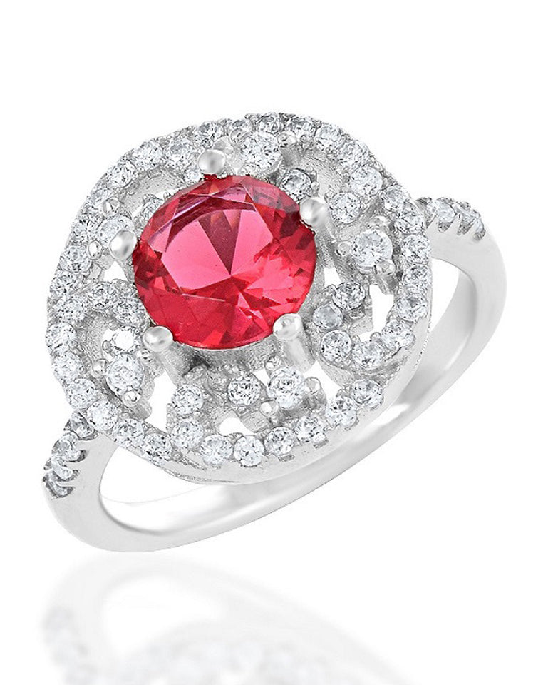 A Graceful Flower Design Ring for Trendy Girls in 925 Sterling Silver with Beautiful Cubic Zircon Stones with Beautiful Red Stone in Center