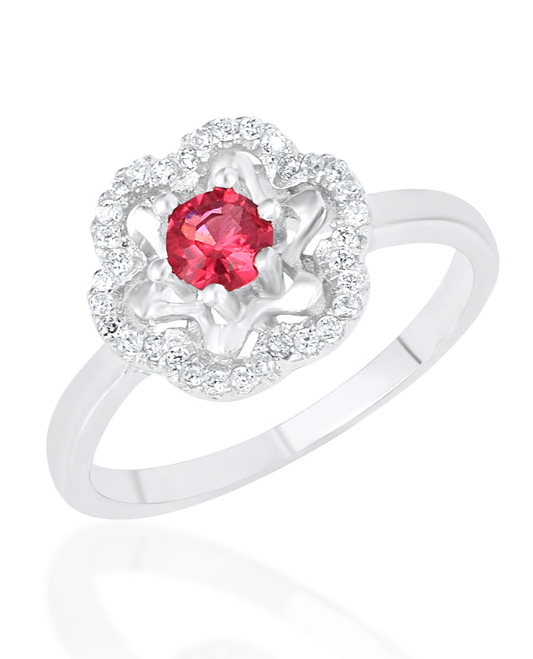 Authentic 925 Sterling Silver Flower Shape Rings For Women with Round Shape Red Stone