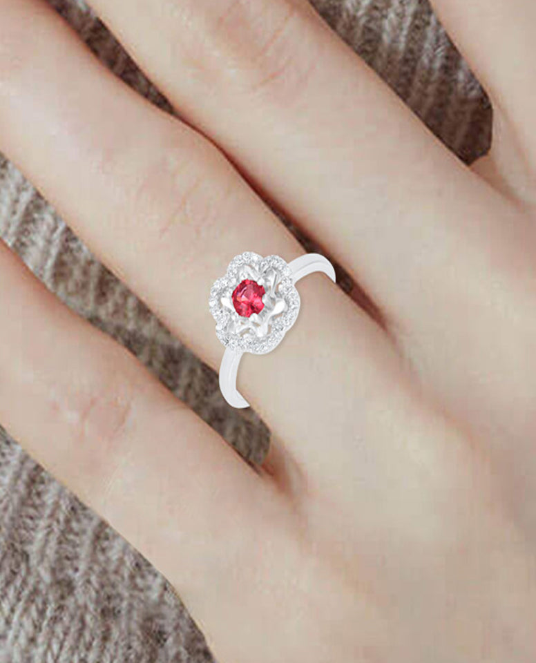 Authentic 925 Sterling Silver Flower Shape Rings For Women with Round Shape Red Stone