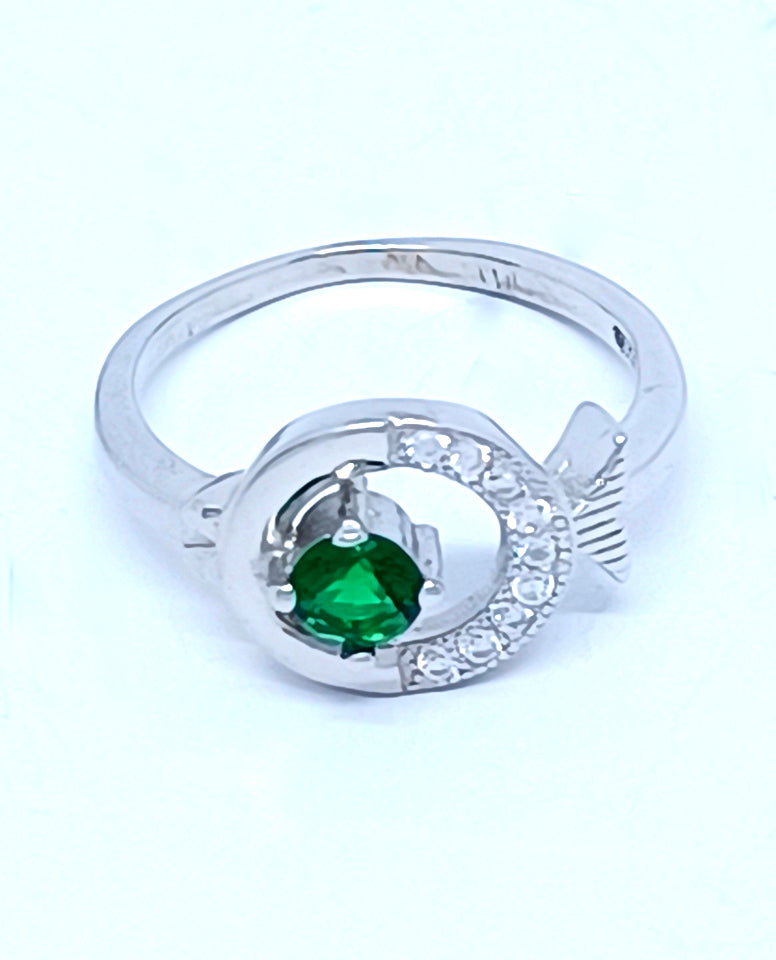 A Fine Piece of Jewelry is Crafted in Anti-tarnish 925 Sterling Silver, A Beautiful Fish Design Ring with Round Cut Green Stone with Shiny CZ Stones