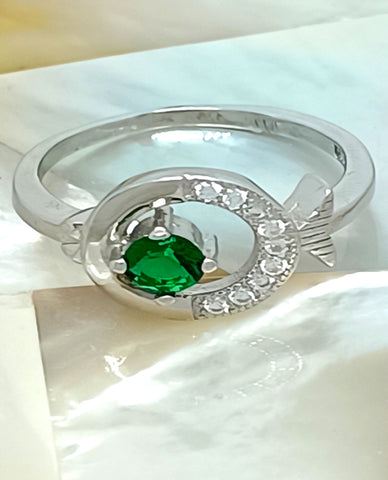 A Fine Piece of Jewelry is Crafted in Anti-tarnish 925 Sterling Silver, A Beautiful Fish Design Ring with Round Cut Green Stone with Shiny CZ Stones