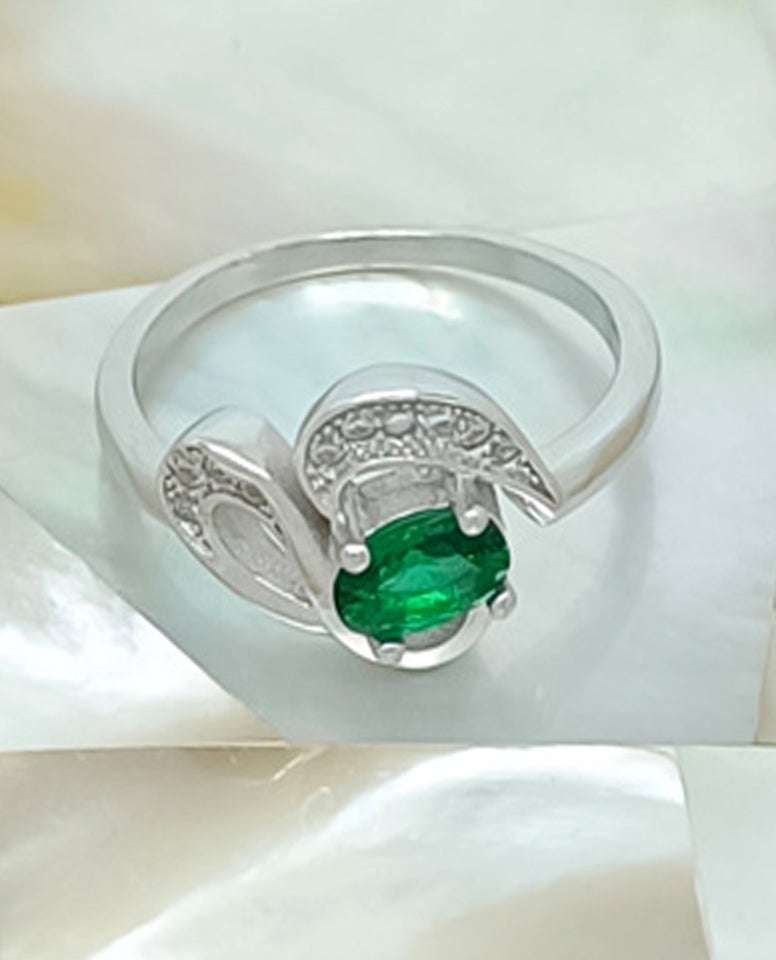 Rhodium Plated High Polish Finish Ring with Beautiful Green Stone in Center Authentic 925 Sterling Silver