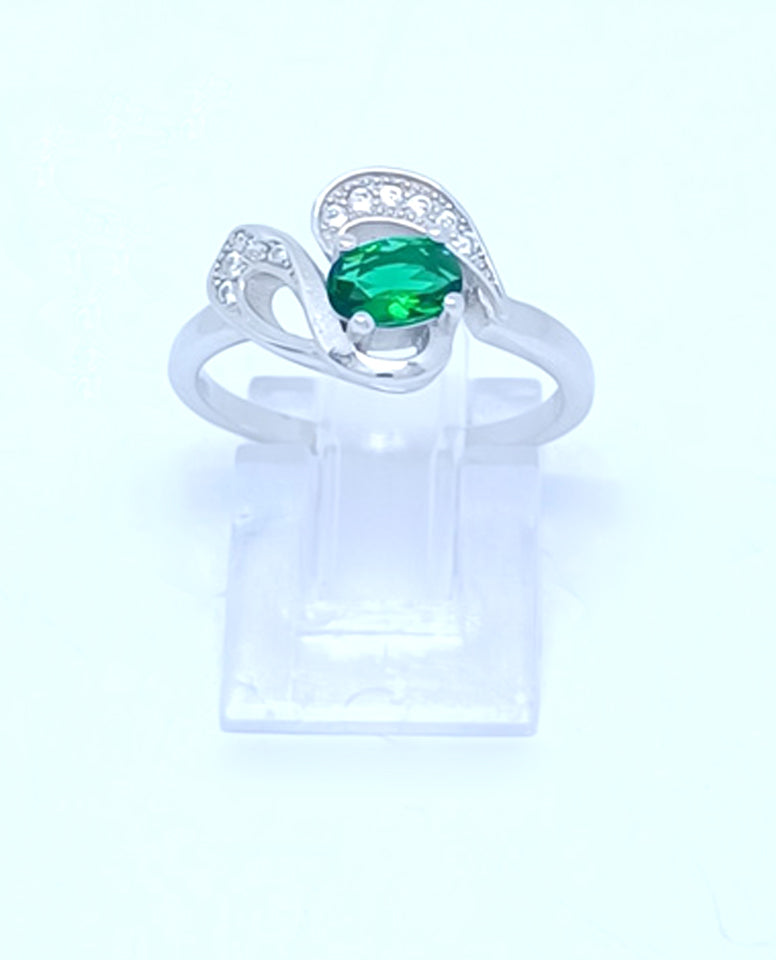 Rhodium Plated High Polish Finish Ring with Beautiful Green Stone in Center Authentic 925 Sterling Silver