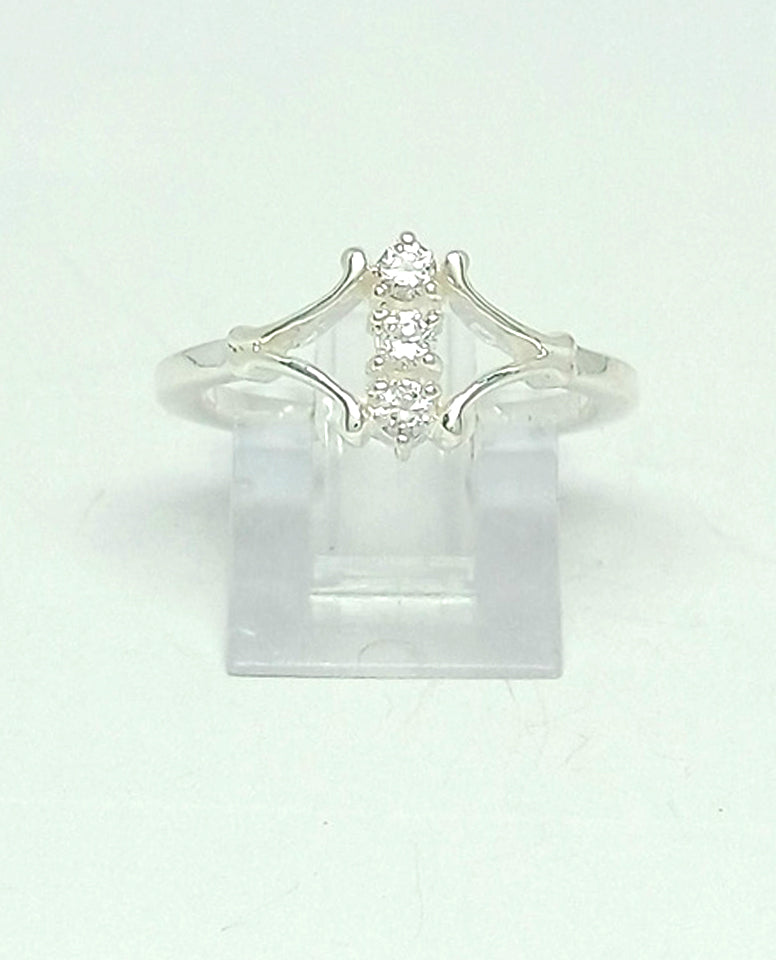 An Alluring Three Stone Ring with Authentic 925 Sterling Silver Rhodium Plated High Polish