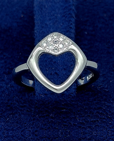 A Unique Shape Ring Heart Cut in Center with Authentic 925 Sterling Silver Rhodium Plated High Polish Finish Ring