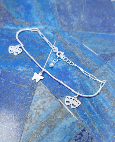 Snake Chain Bracelet With Butterfly and Face Design Charms Crafted in 925 Sterling Silver