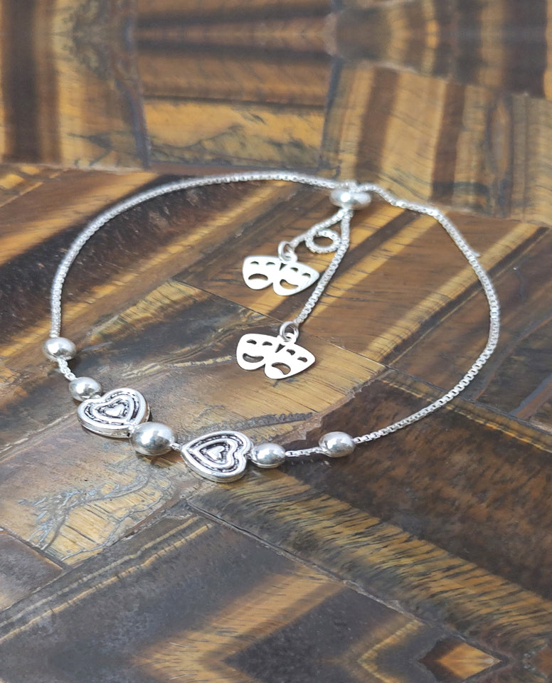 Heart Shape Beads Box Chain Adjustable Bracelet Crafted in 925 Sterling Silver